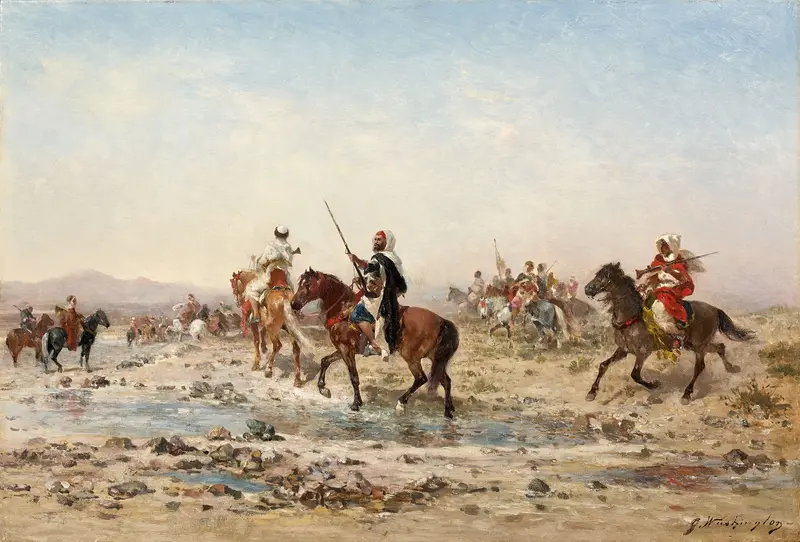 Figurative scene depicting La Chasse by Georges Washington, oil painting