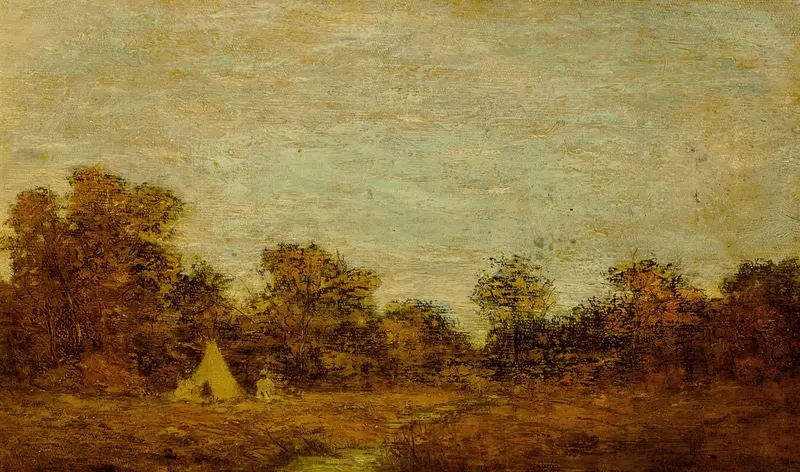 Landscape depicting encampment at sunset, oil painting by Ralph Albert Blakelock