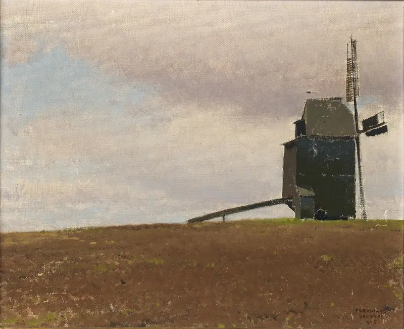 Alte Windmühle by Ferdinand Brunner, oil on canvas depicting a windmill against a swirling sky.