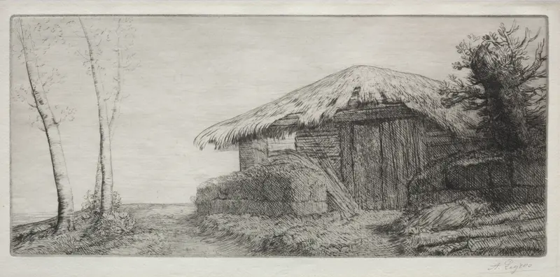 Sheepfold on the Hill, oil on canvas by Alphonse Legros, depicting gentle hills and a tranquil sheepfold.