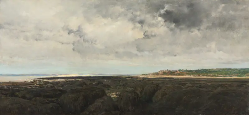 Villerville Seen from Le Ratier, oil painting by Charles François Daubigny depicting a tranquil dawn landscape.