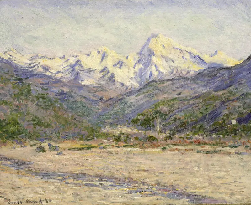 A textured landscape showing snow-capped mountains, green and violet foothills, and a pale stony riverbank under a pale blue and lavender sky.