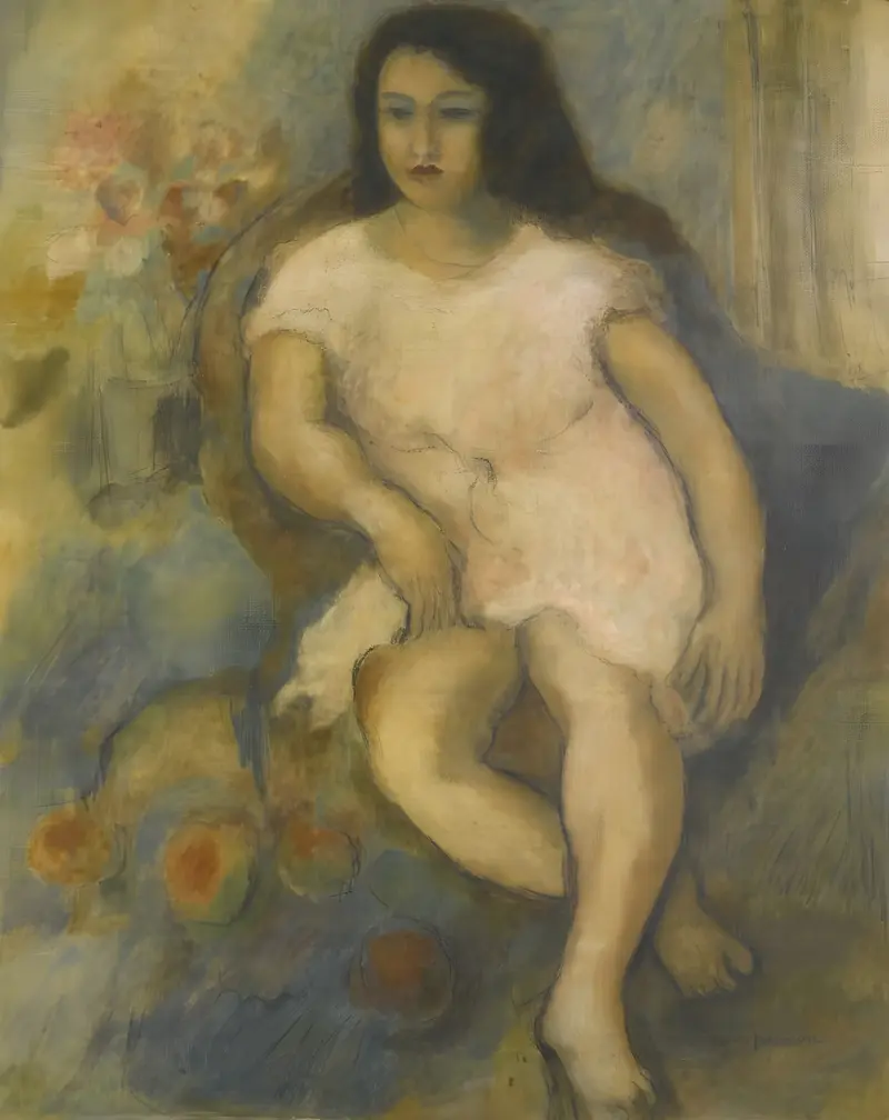 A seated young woman depicted in a modernist style.