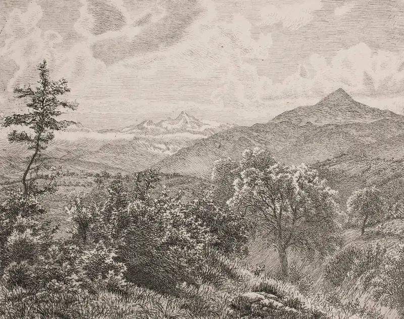 Landscape of mountains and valleys by Vilhelm Kyhn, oil painting