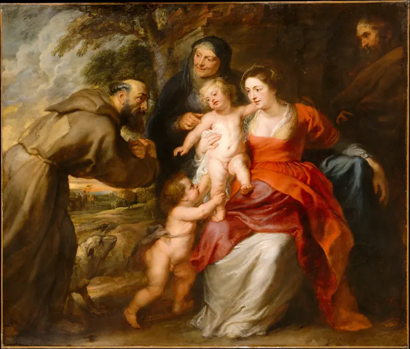 This painting depicts the Holy Family with Saints Francis and Anne and the Infant Saint John the Baptist.