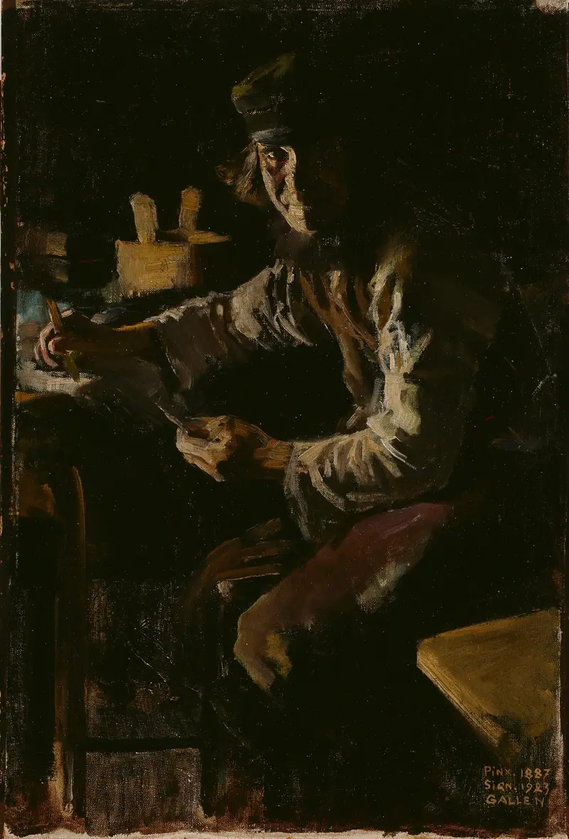 A man mends fishing nets, illuminated by a shaft of light in a dark setting.