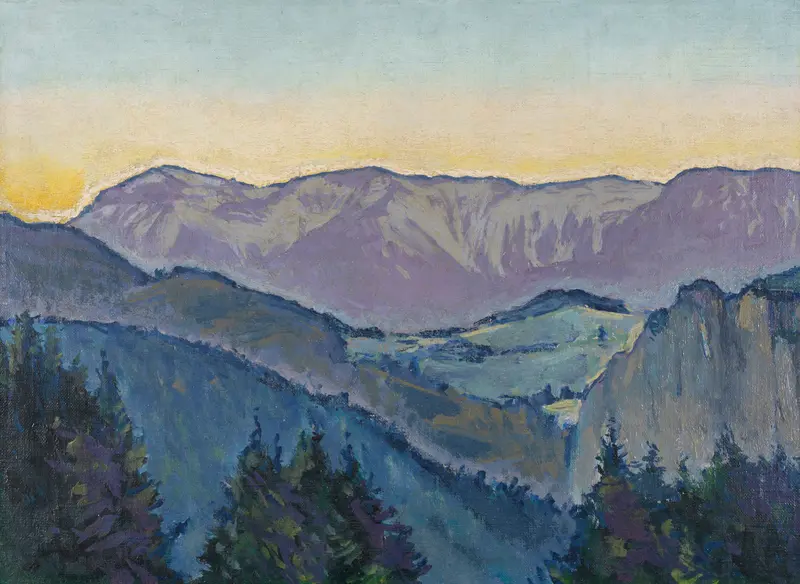 Landscape with mountains and evening sky by Koloman Moser, oil painting