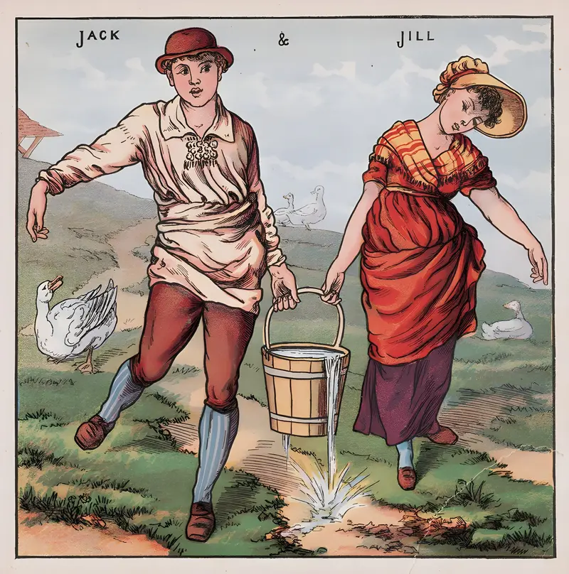 Walter Crane's 'Jack & Jill' illustrates a classic nursery rhyme with vibrant colors and playful figures.