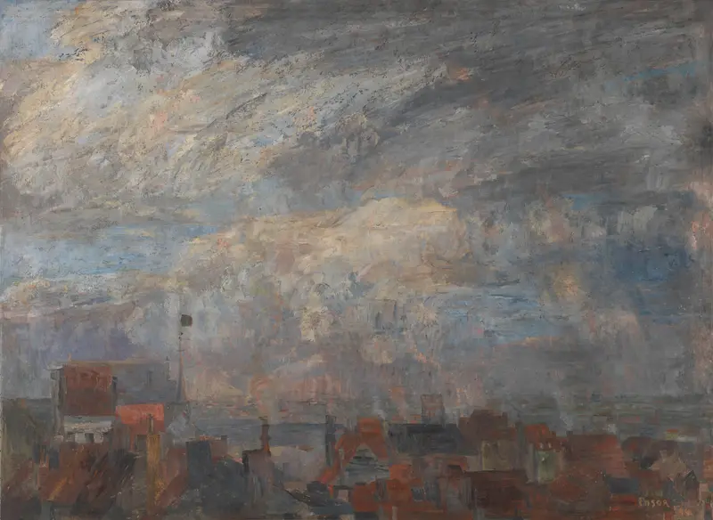 Post-Impressionism oil painting by James Ensor featuring rooftops against a stormy sky.