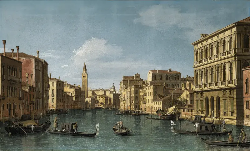 A detailed view of the Grand Canal in Venice, showcasing gondolas and historic buildings.