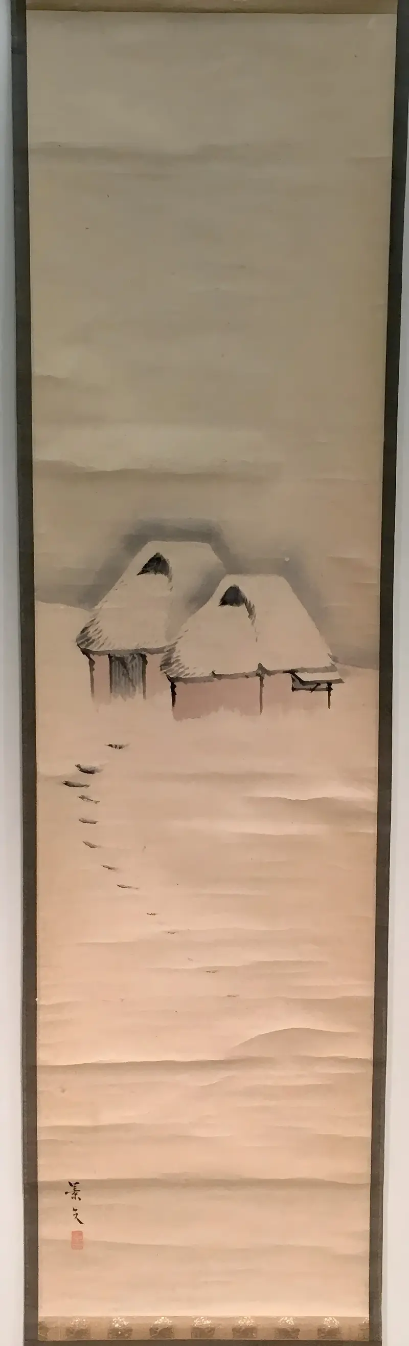 Two huts in snow, paper artwork by Matsumura Keibun