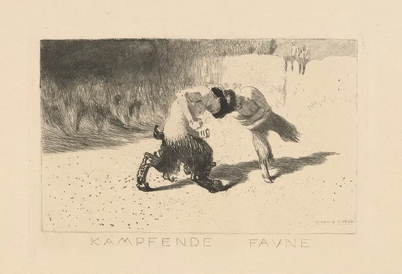 Franz von Stuck's 'Kampfende Faune' depicts two fawns in a dynamic struggle.