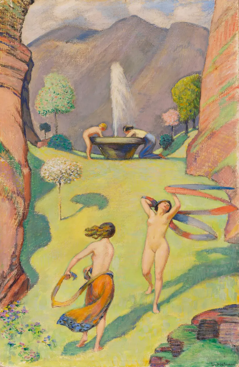 A vibrant depiction of spring with dancing figures in a lush landscape.