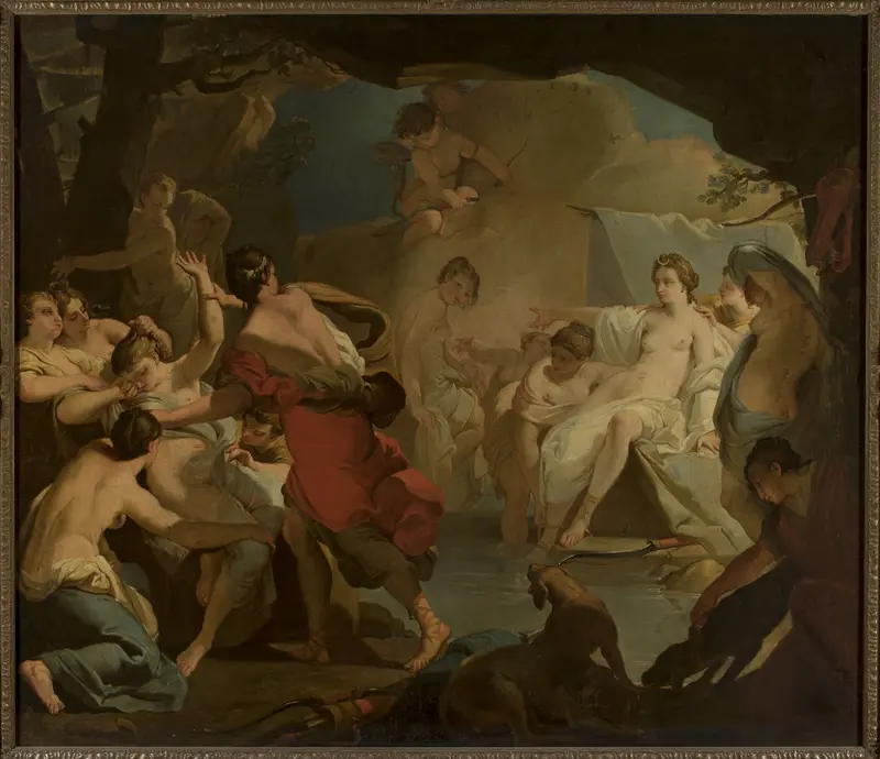 A depiction of Diana judging the nymph Callisto in a lush, mythological setting.