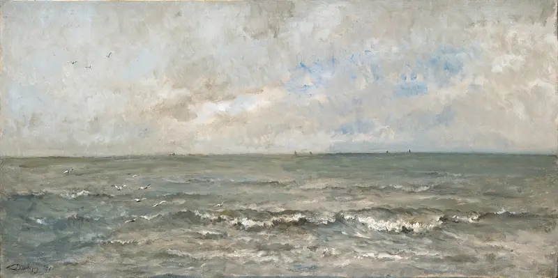 Seascape by Charles François Daubigny, oil on canvas depicting a calm sea and soft clouds.