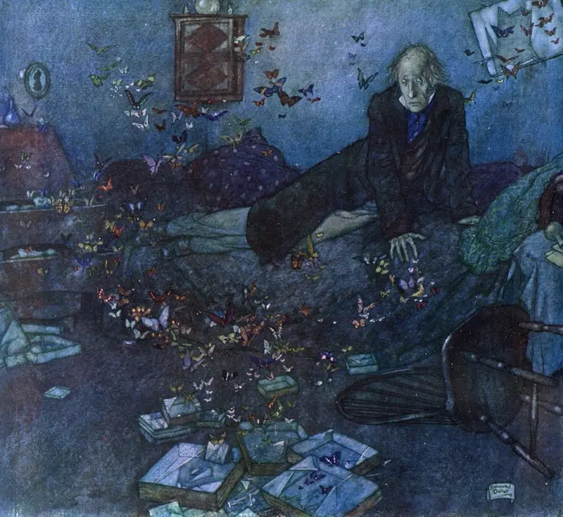 A gaunt entomologist in a dim room, surrounded by vividly colored butterflies escaping glass cases.