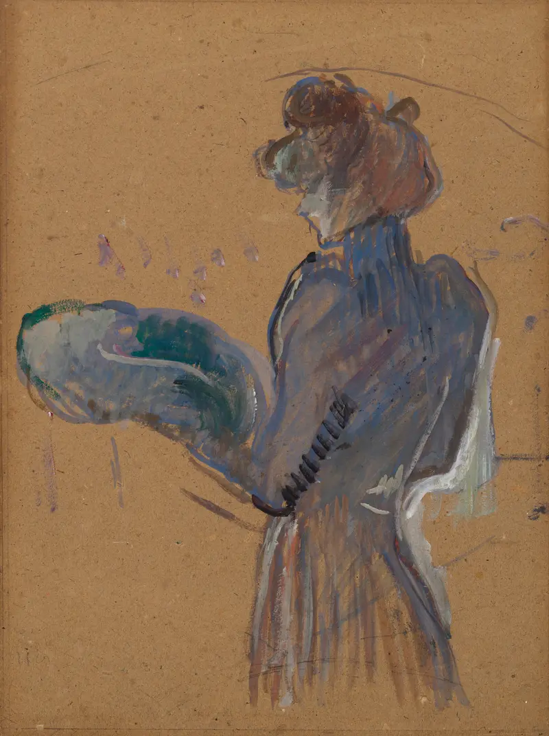 Henri de Toulouse-Lautrec's painting 'La Modiste, Mademoiselle Margouin' captures a fashionable woman in a vibrant setting.