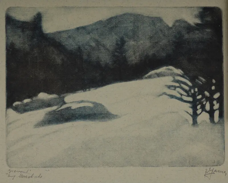 Giewont by Jakub Glasner, oil on canvas depicting a mountain landscape with fields and sky.
