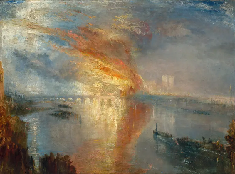 A fiery blaze engulfs the Houses of Parliament with smoke rising into a blue-grey sky, reflected in the river below with silhouetted crowds and a stone bridge.