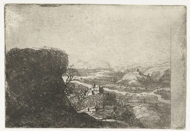 Rivierlandschap met rots en twee burchten, etching by Jan Ruyscher