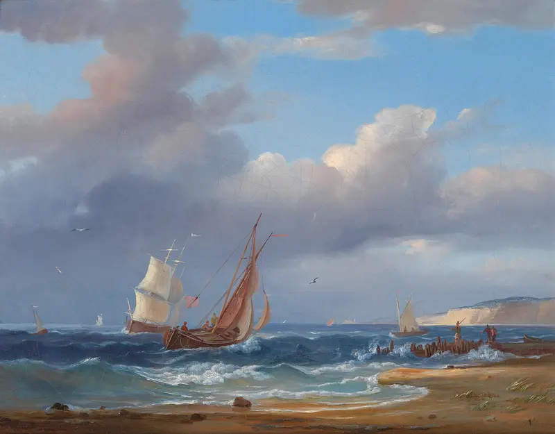 A fishing boat with ochre sails leans into the wind amidst restless surf, with clouds swirling above and figures gathered on the shore.
