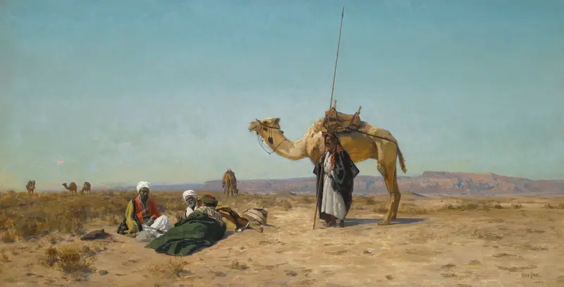 Rest in the Syrian Desert by Eugen Bracht, oil on canvas depicting a figure resting in a vast desert.