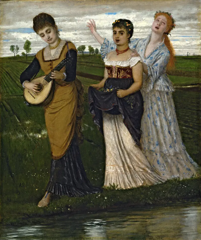 A vibrant scene depicting figures celebrating spring with flowers and music in a lush landscape.