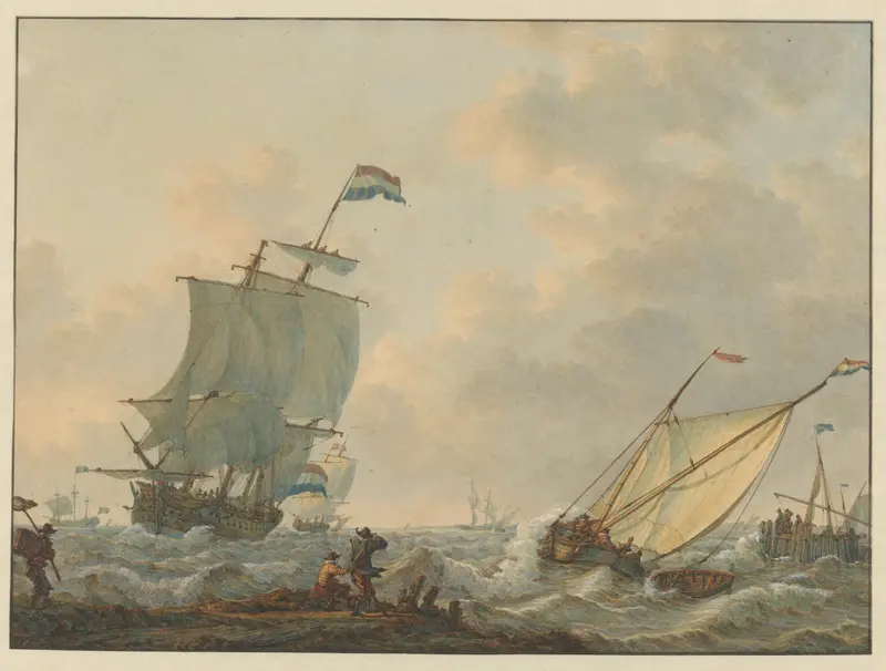 Marine scene with ships battling turbulent waves, oil painting by Johannes Christiaan Schotel
