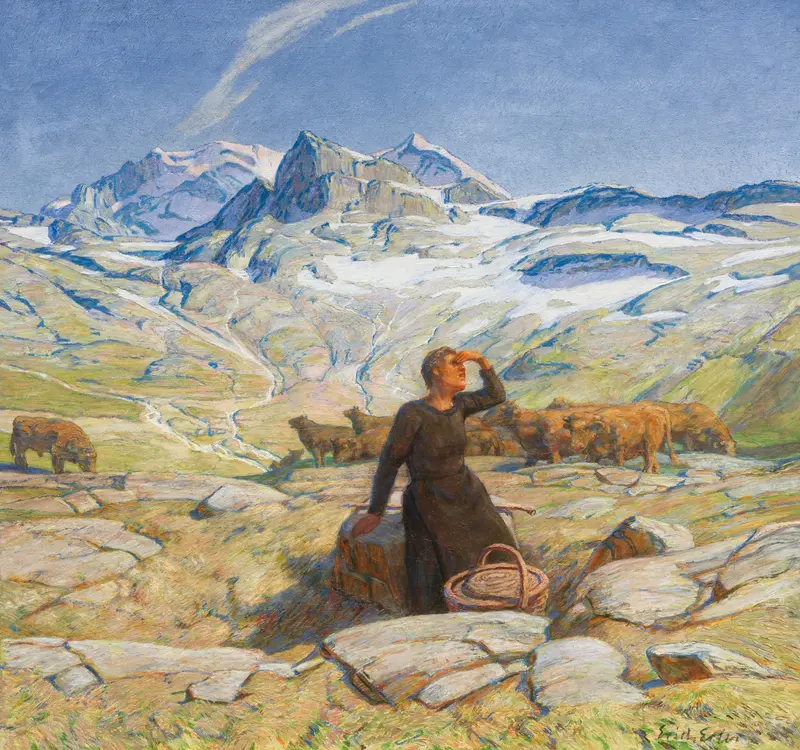 Landschaft mit junger Bäuerin, oil painting by Erich Erler, featuring a young farmer's daughter in a landscape.