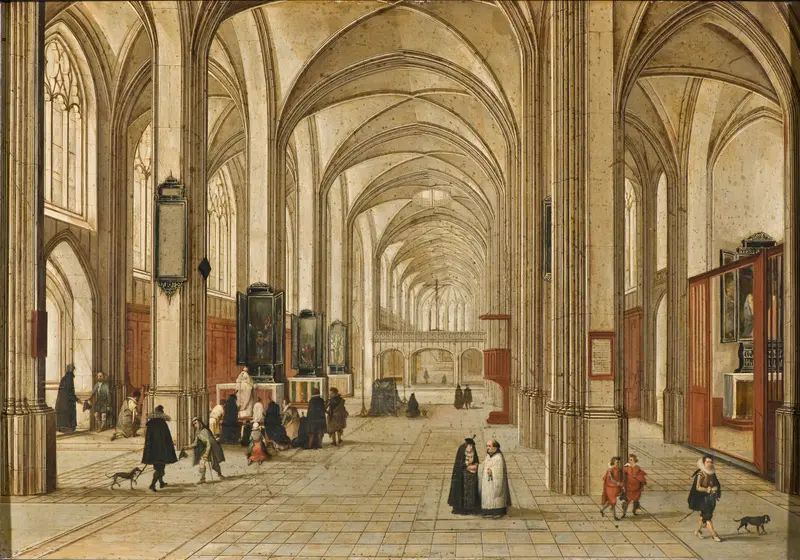 Interior of a Gothic Church by Pieter Neeffs the Elder, oil painting showcasing gothic architecture.