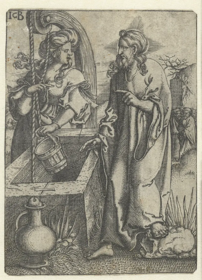 Engraving by Jacob Binck depicting Christus and the Samaritan woman in conversation.