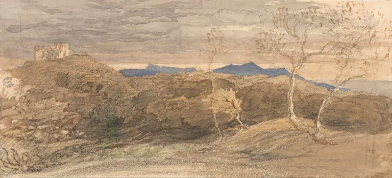 Landscape scene with rolling hills and soft light, oil painting by Samuel Palmer