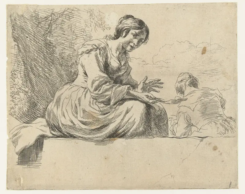 Jonge vrouw zittend op een steen, etching by Nicolaes Pietersz Berchem