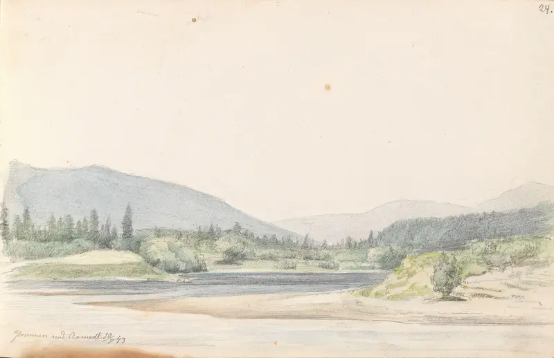 Landscape of Glomma ved Åmot by Adolph Tidemand, oil painting depicting a river and distant hills.