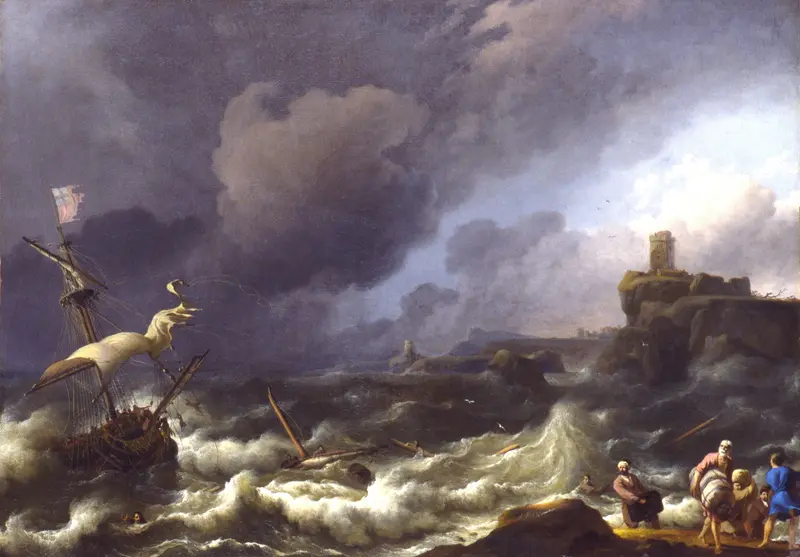 Marine scene depicting a stormy ocean by Follower of Ludolf Backhuysen, oil painting