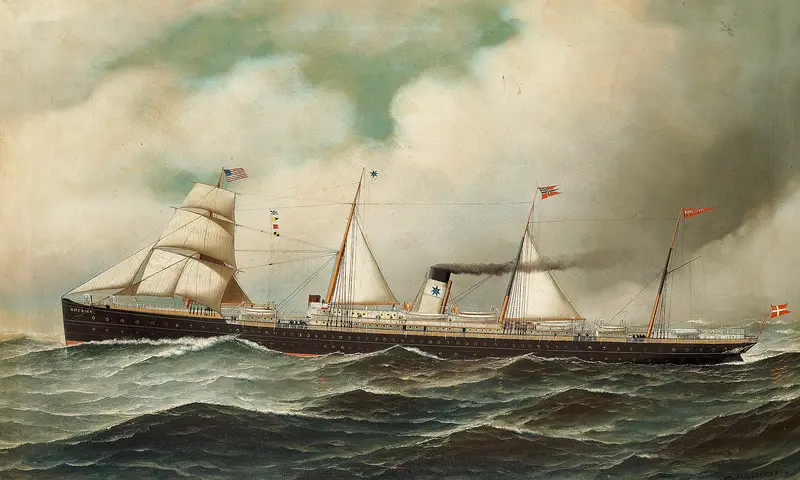 A ship sails across a restless sea, with flags flying and smoke trailing from the funnel.