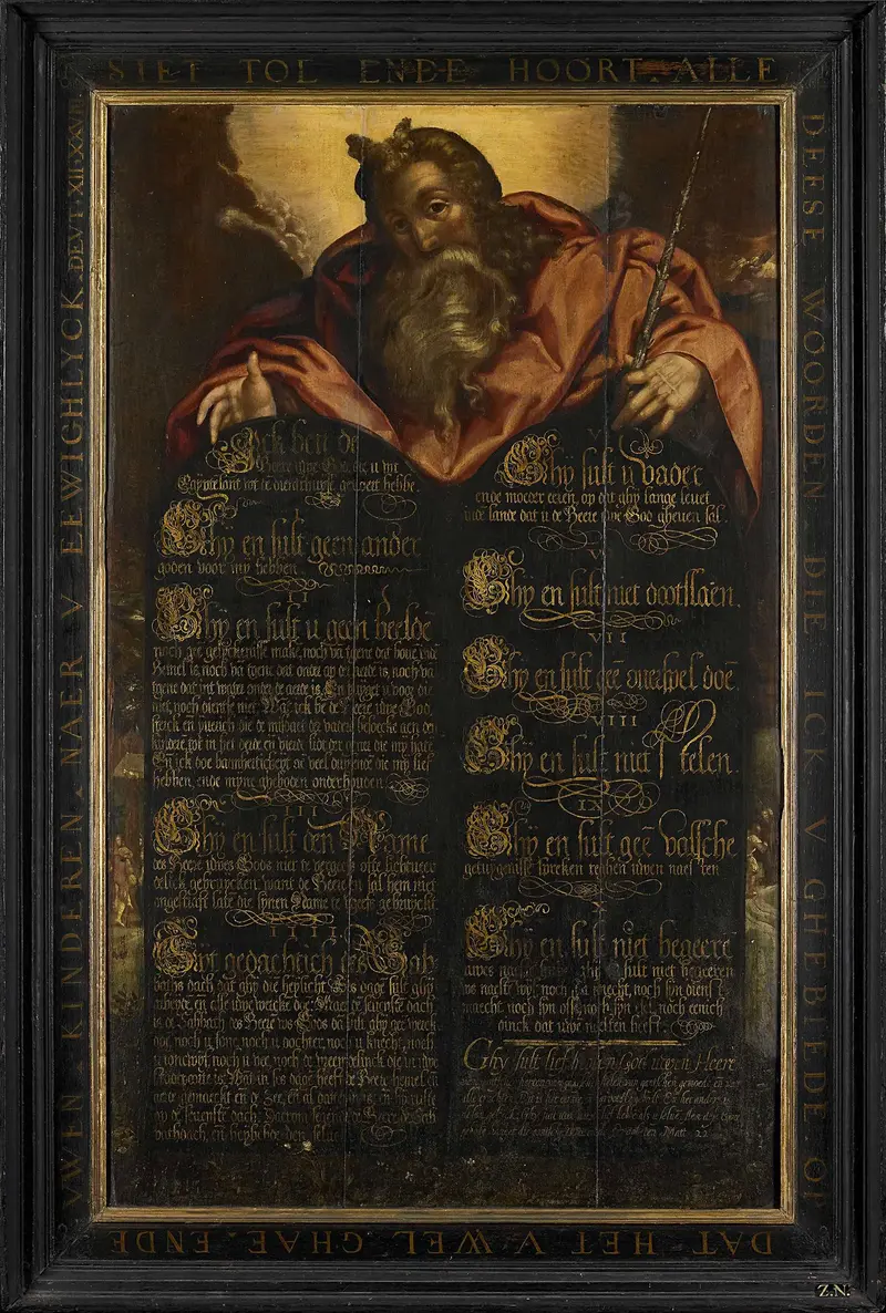 Moses showing the Tables of the Law with calligraphy, oil on panel by unknown artist