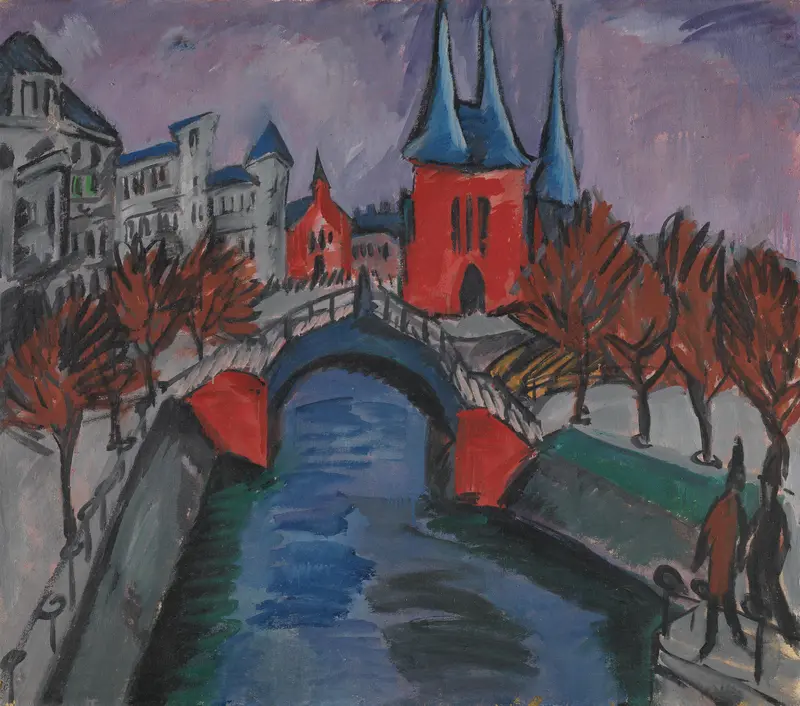 A vibrant cityscape featuring a red church, blue canal, and angular buildings under a violet sky.