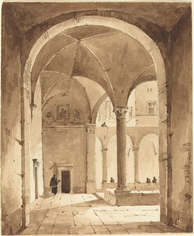 A cloister with soft stone arches and golden light by François-Marius Granet, oil painting