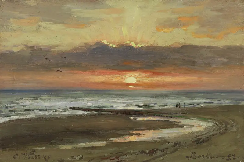 Sonnenuntergang auf Borkum by Carl Wuttke, oil on canvas depicting a sunset over the ocean.