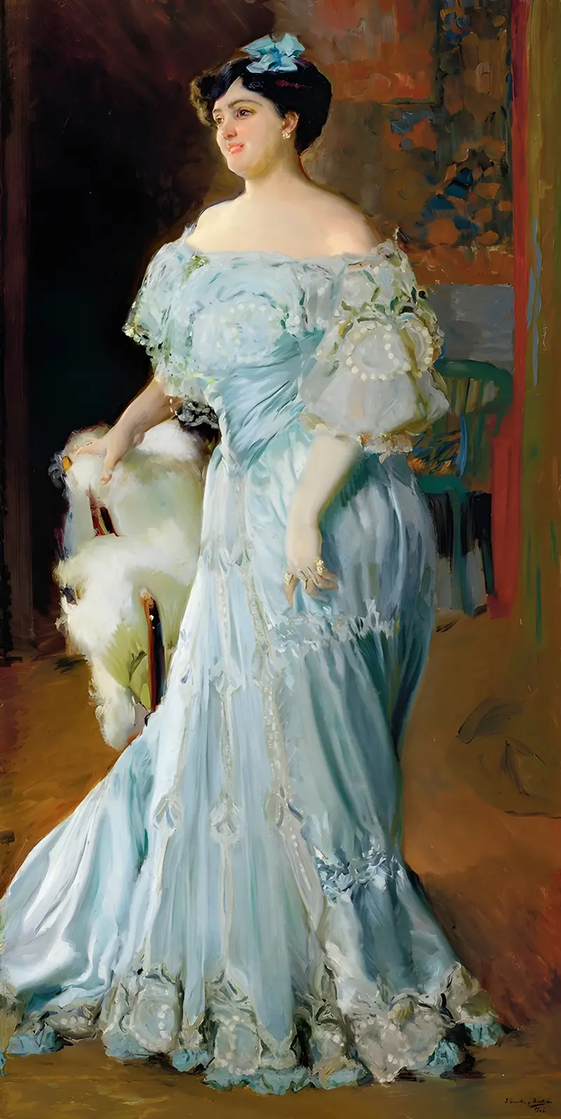A woman in a pale blue gown with puffed sleeves stands beside a white fur-draped chair, her dark hair tied with a blue ribbon.