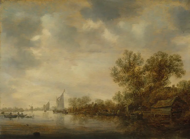 A river landscape with fishing boats and peasants, oil on canvas by Jan van Goyen