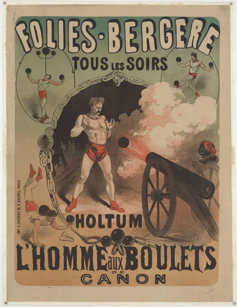 A vibrant poster by Jules Chéret depicting a lively scene at the Folies Bergère.