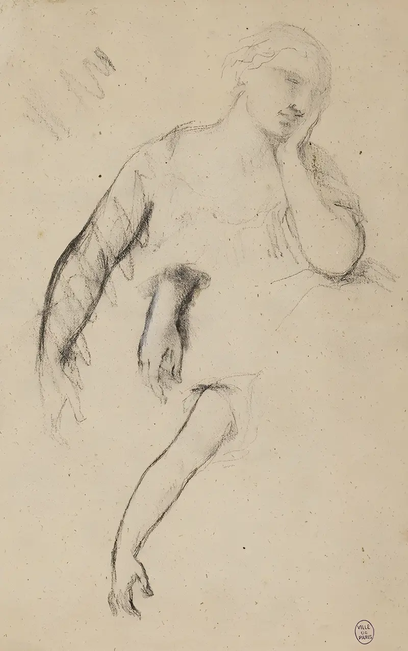 This artwork features sketches of a woman's bust and hands.