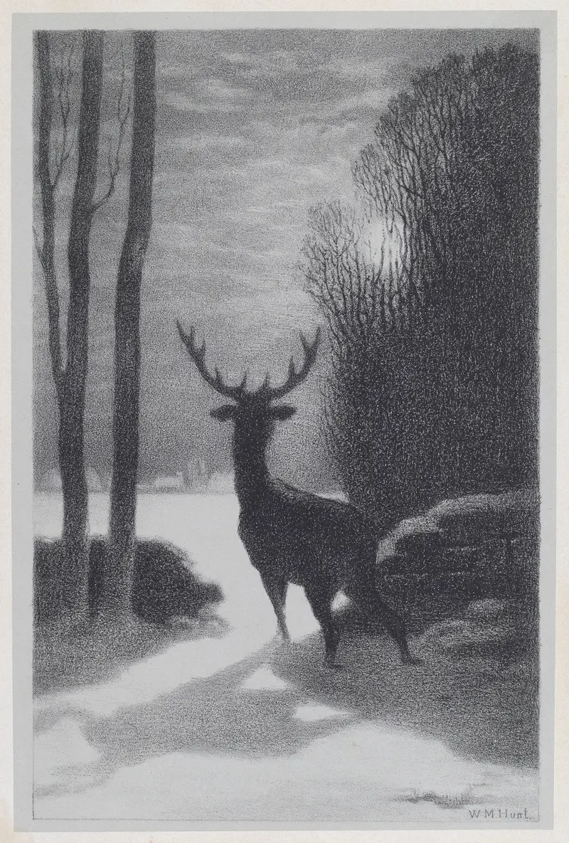 A serene depiction of a stag illuminated by moonlight in a tranquil landscape.