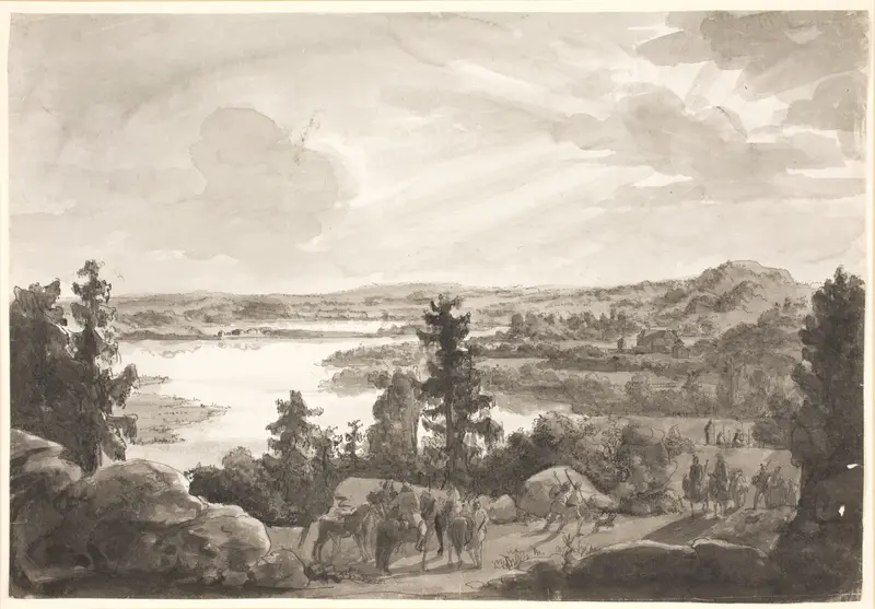 Lake landscape with trees and sky by Johan Christian Dahl, oil painting