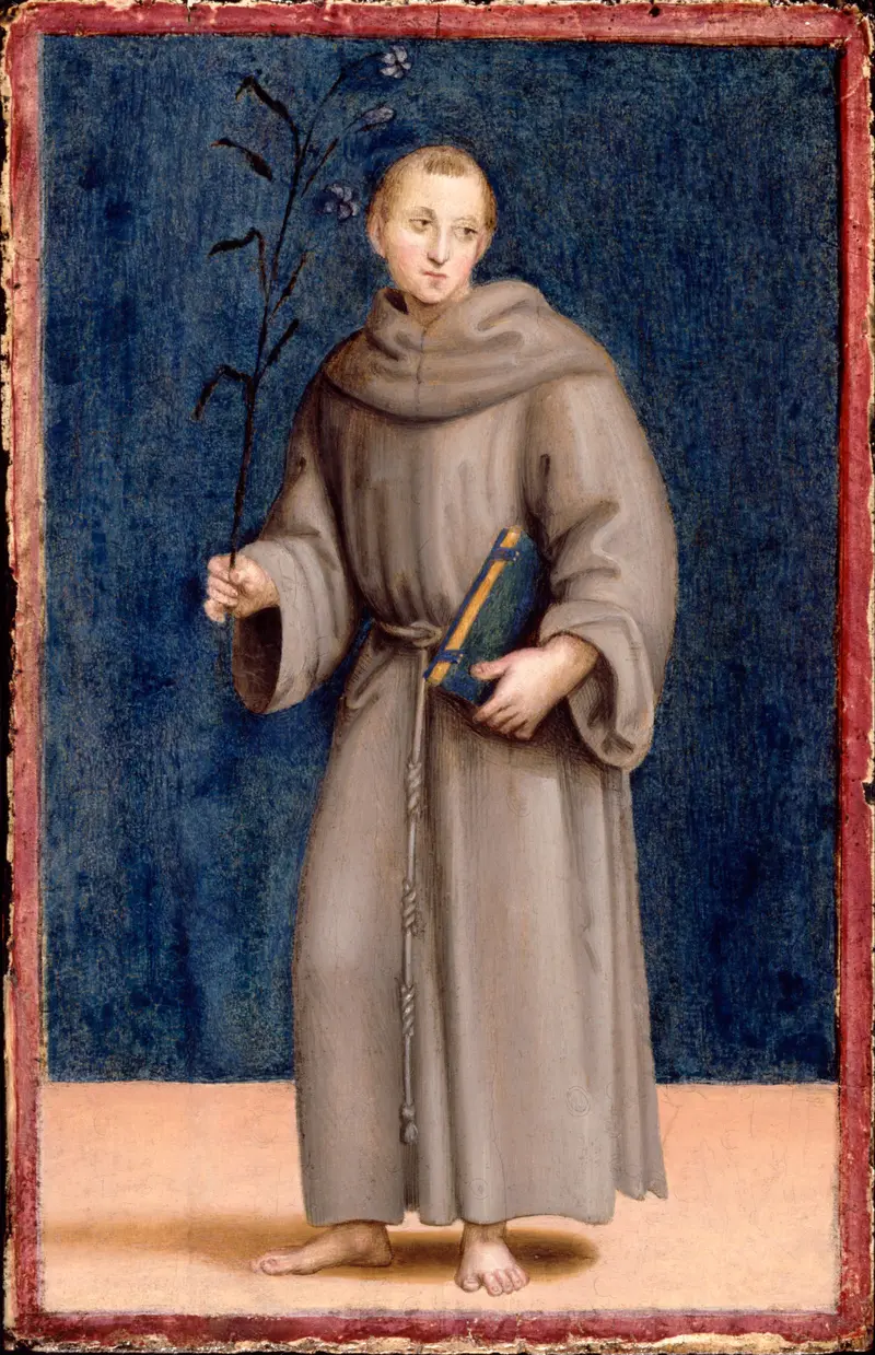 A young Saint Anthony of Padua holding the Christ Child in a moment of serene contemplation.
