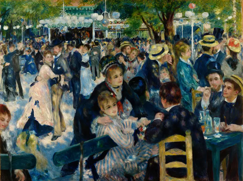 A lively outdoor scene shows couples dancing and groups seated at tables under trees, with figures in flowing dresses and straw hats.