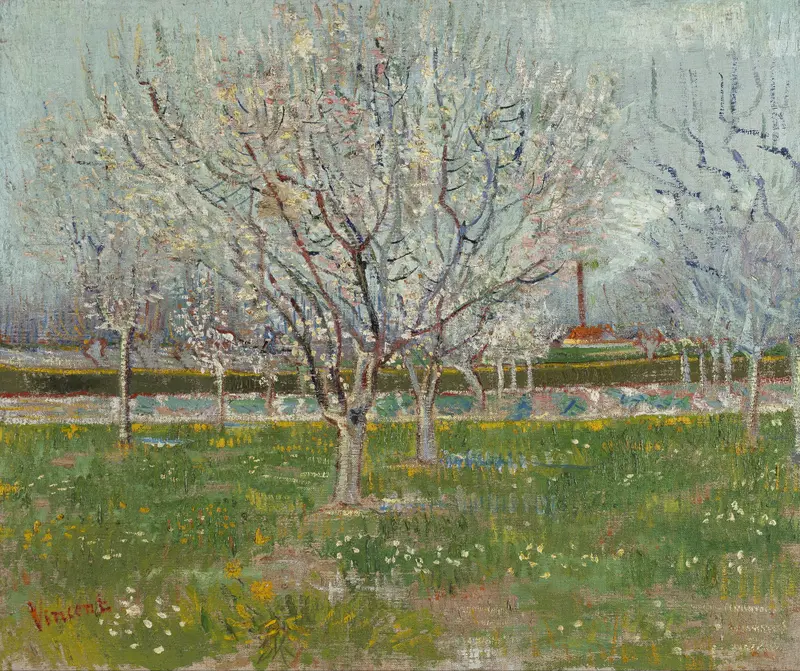 A cluster of blossoming plum trees with white and pink flowers stands in a green meadow dotted with wildflowers under a pale blue-grey sky.