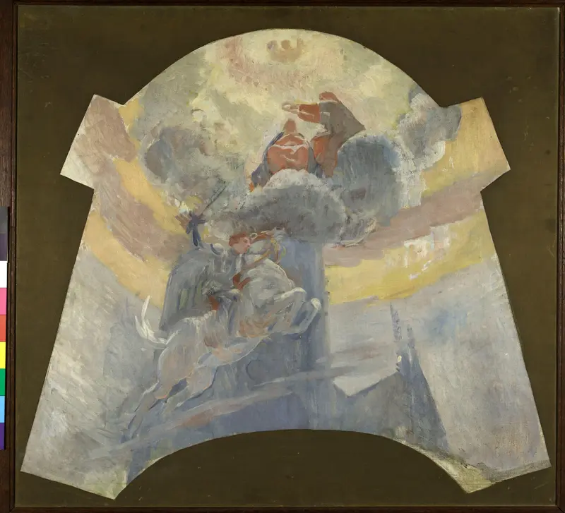 A radiant figure on horseback surges skyward, trailing a ribbon of energy that dissolves into clouds and light.